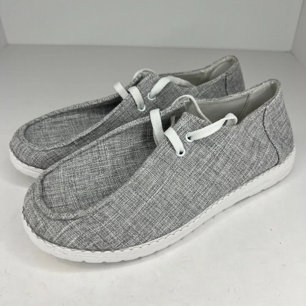 Mens Gray Canvas Lace Up Comfort Loafers Size 9.5 Slip On Casual Lite Weight